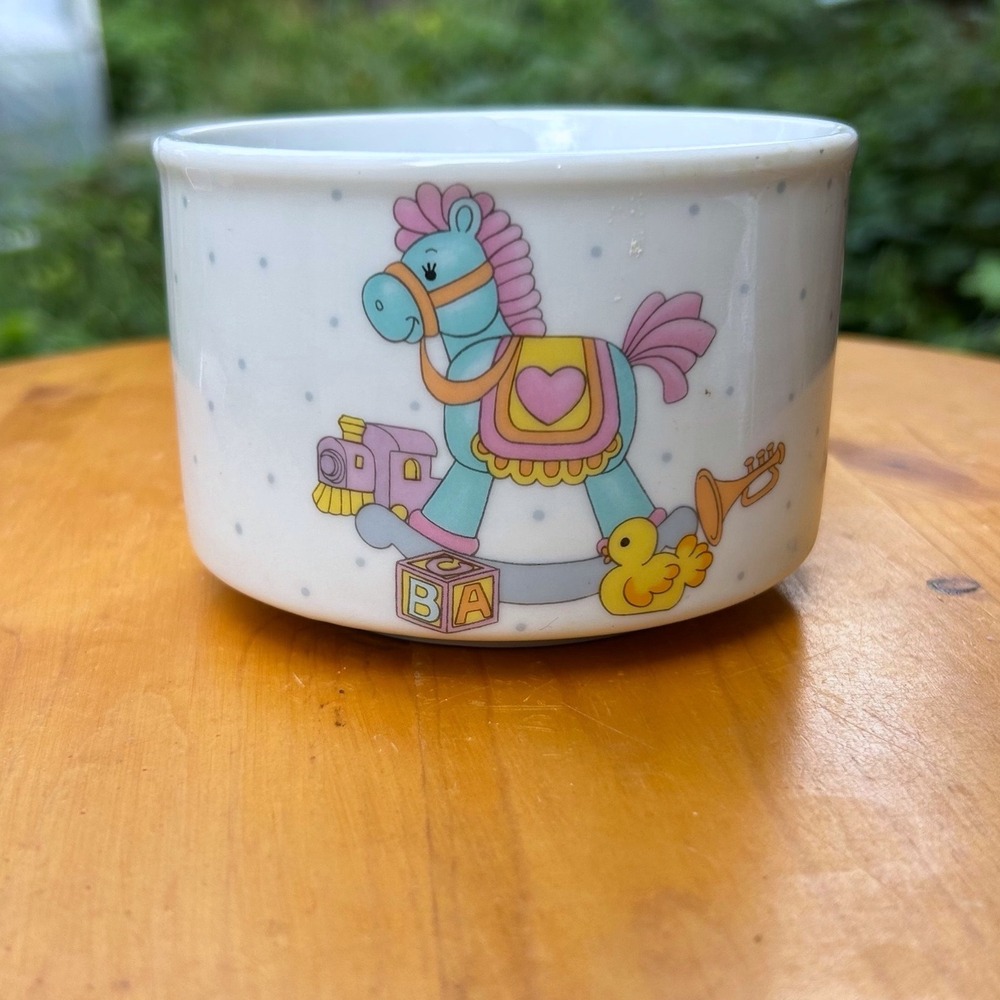 Vintage Rocking Horse Baby Nursery Ceramic Planter Bowl Small White Pastel FTDA